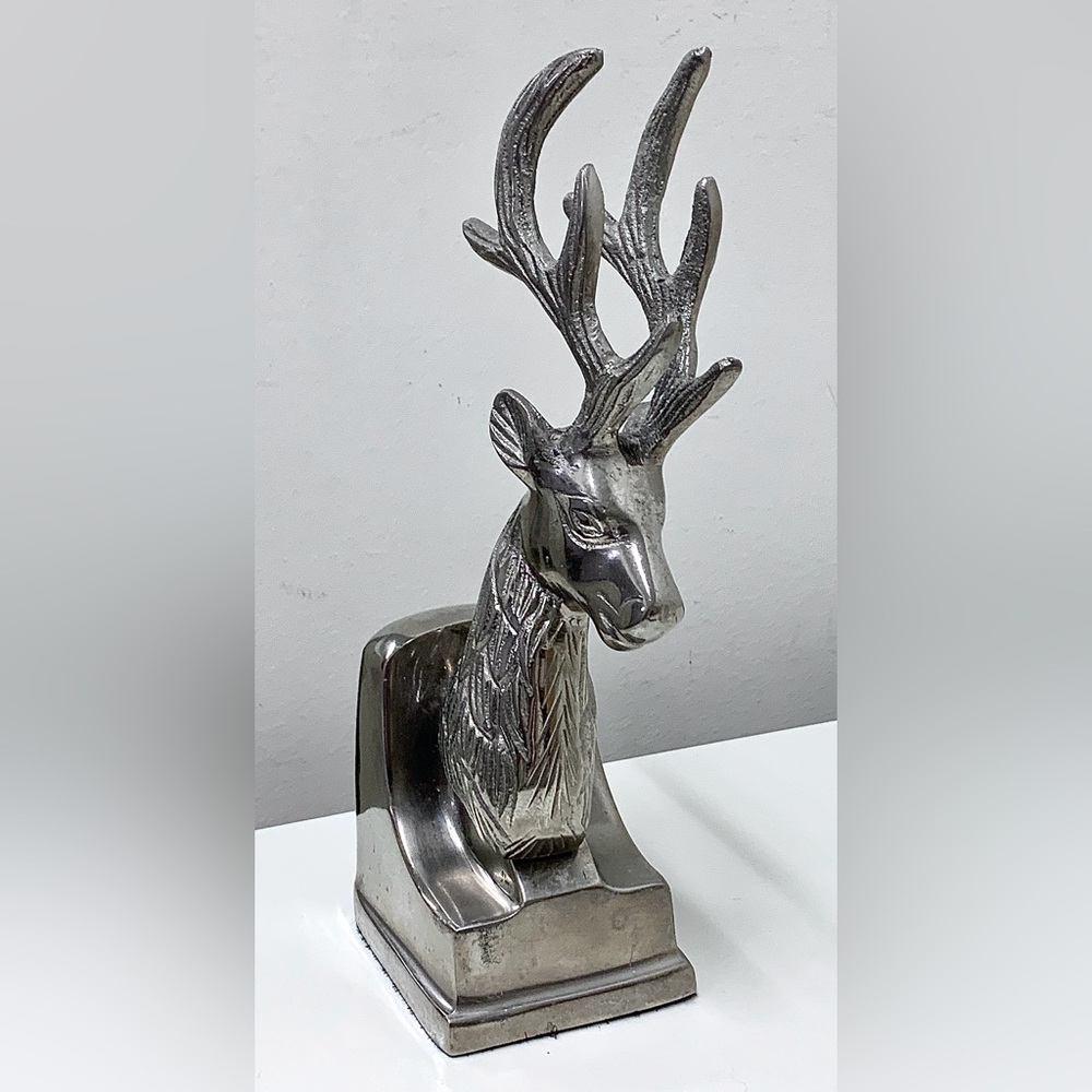 Vintage Silver Tone Metal Decorative Antlered Reindeer Bust Figurine Statuette